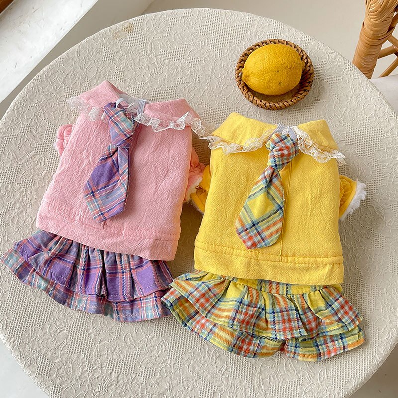 Vestidos de algodón para perros pequeños y gatos, ropa con corbata, tutú, Yorkies, Otoño e Invierno