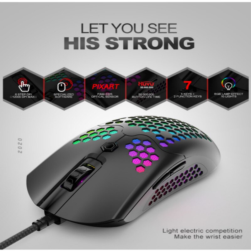 Wired Gaming Mouse 12000 Dpi 7 Button Honingraat Shell Rgb Lamp Backlit Muis Hoge Prestaties Optische Sensor Muis Voor Laptop pc