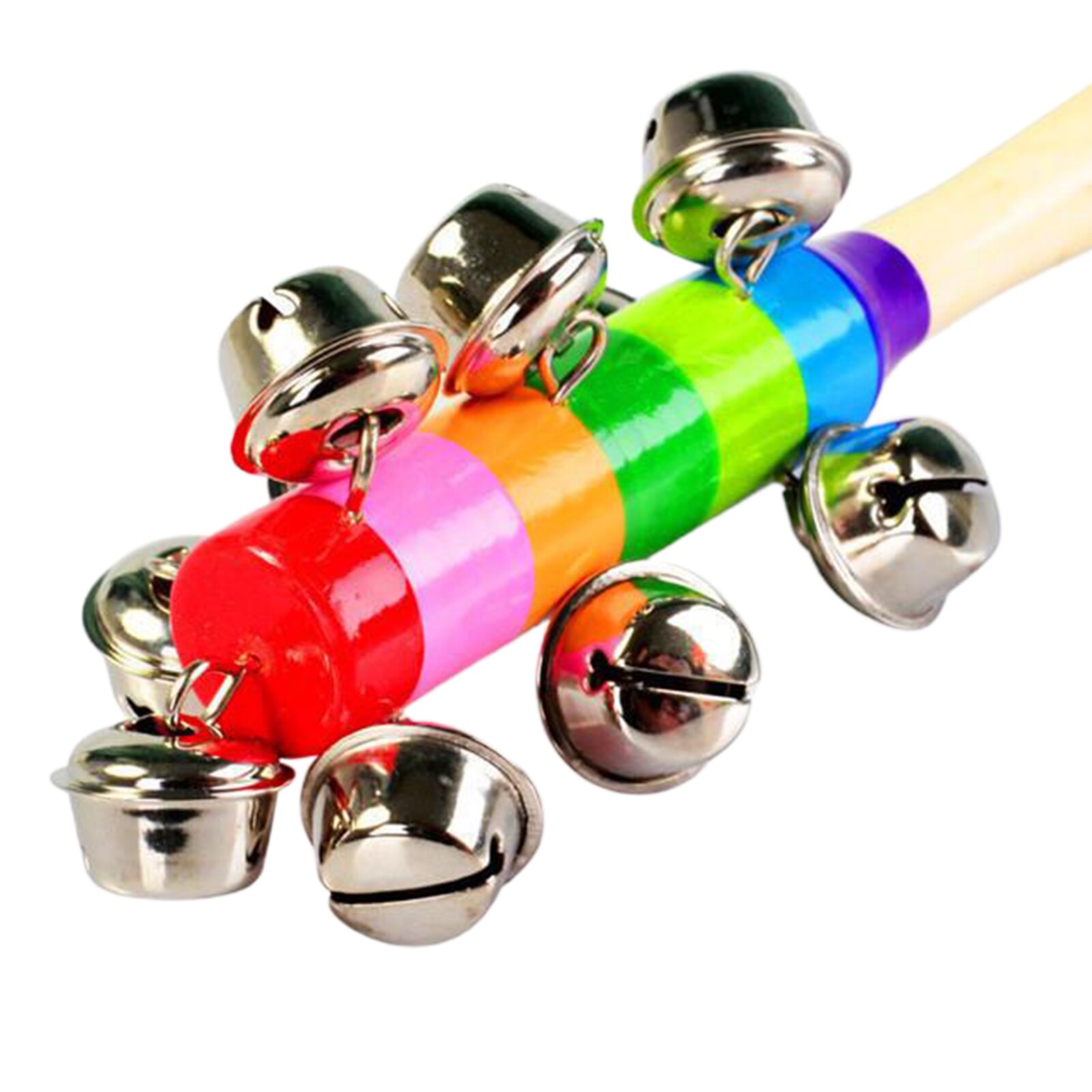 3Pcs Wooden Jingle Hand Bells, Rainbow Hand Held Bells Jingle Stick Shaker