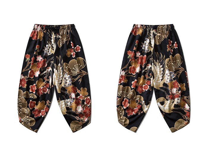 Hip Hop Japanese Thin Japan Style Trousers Floral Printed Baggy Calf-length Pants Harajuku Joggers Men Trousers Streetwear Black: M