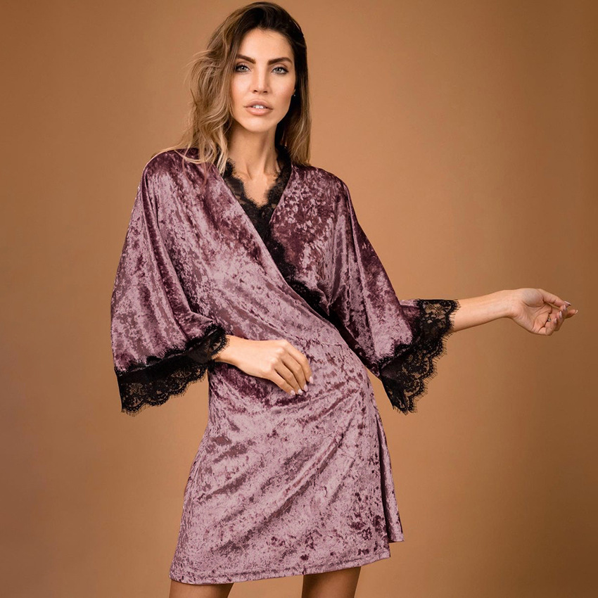 Women Velvet Bathrobe Glossy Velour Lace Sleepwear Autumn Winter Warm Pajamas AW Lady Nightgown: Pink / M