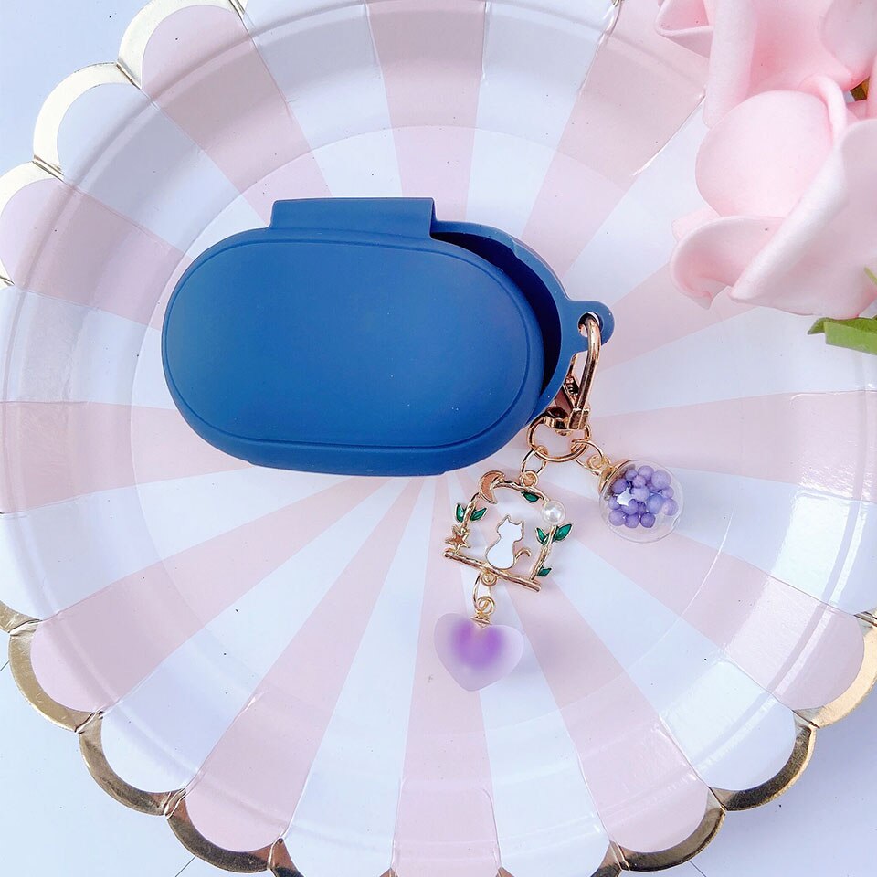 Coreano di lusso Del Silicone di Caso per Samsung Galaxy Gemme/Germogli + Più Della Copertura di Bluetooth del Trasduttore Auricolare Proteggere Gli Accessori Portachiavi Decor Ragazza: navy blue cat