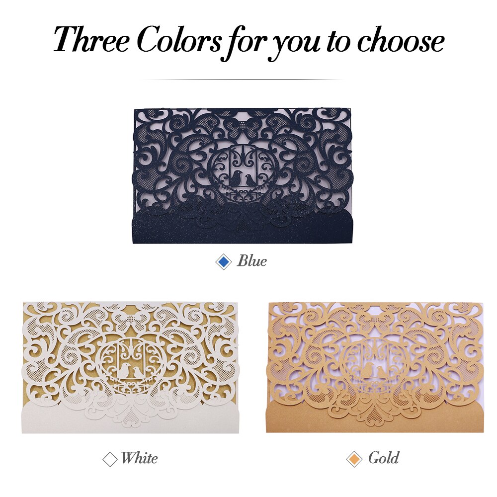 10pcs Pearl Paper Floral Wedding Invitation Card Sets with Blank Inner Sheets Blue/Gold Bird Pattern Wedding Cards Birthday Card