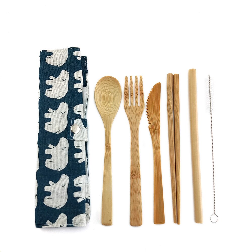 Eco Friendly Bamboo Cutlery Set of Wooden Utensils with Reusable Bamboo Spoon, Fork, Knife,and Reusable Straw Cleaner For Travel: 1224-Q-1