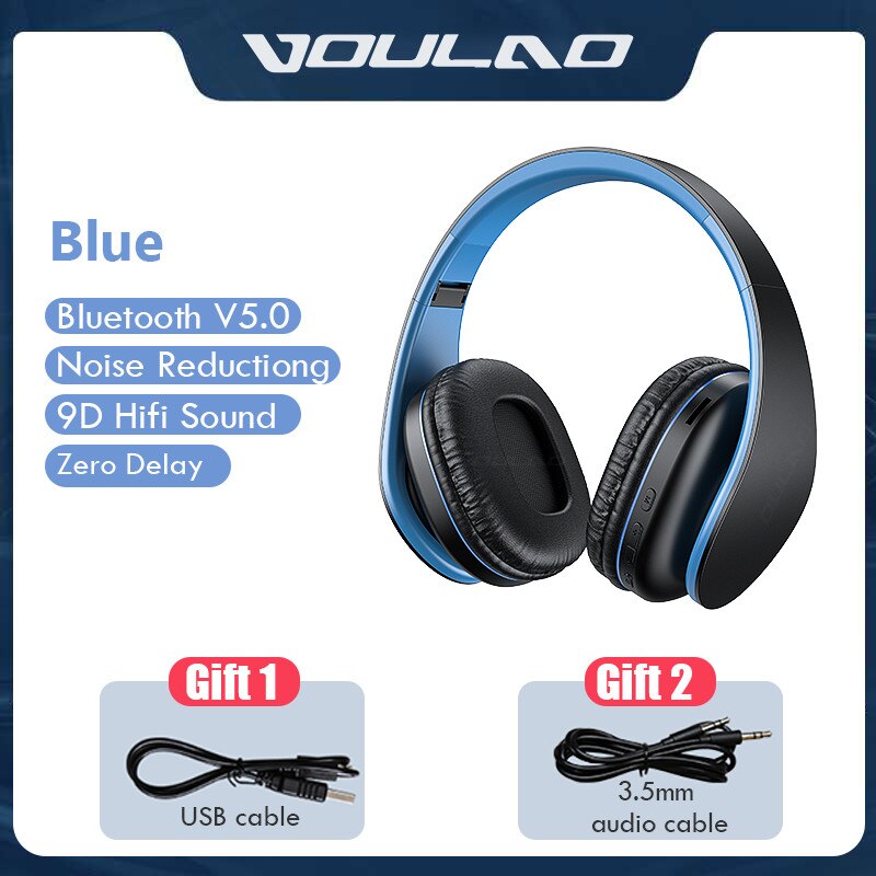 Bluetooth 5.0 hovedtelefoner foldablel 9d bas stereo trådløs øretelefon støjreduktion gaming headset mikrofon  mp3 til mobil pc: Blå