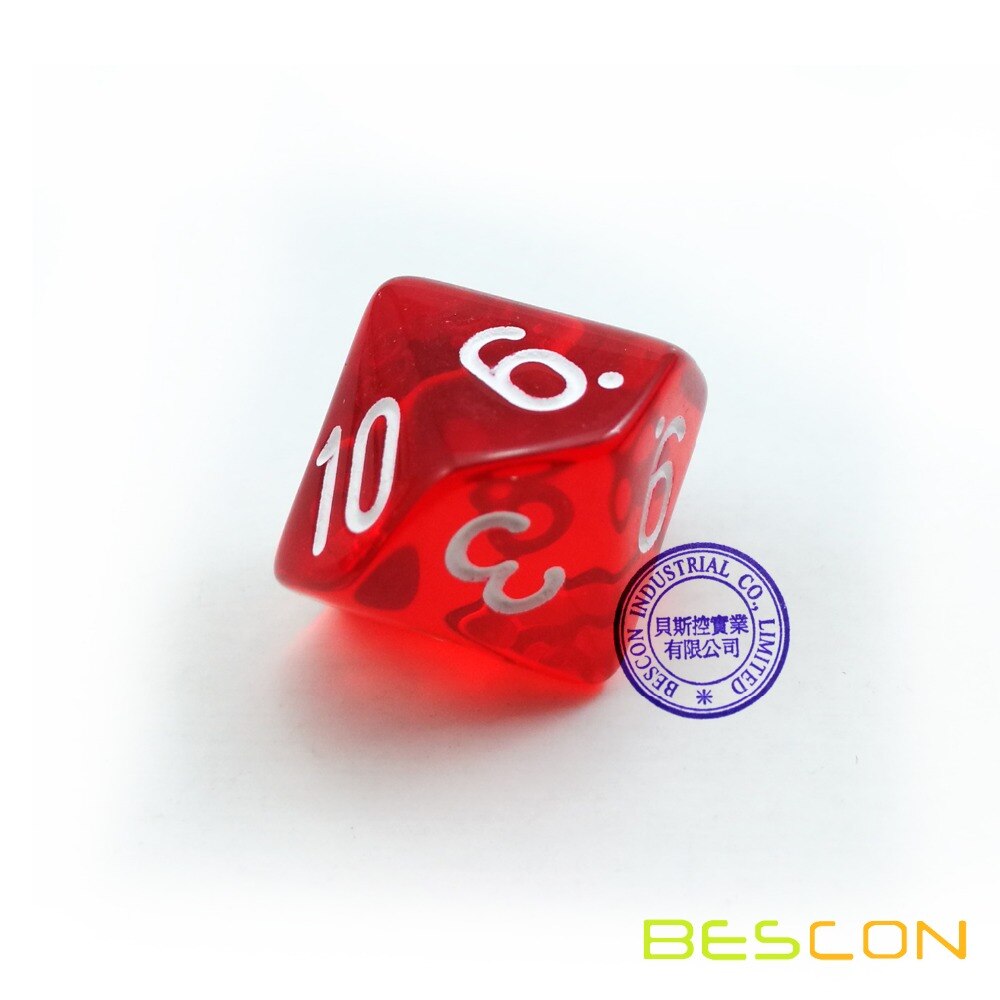 Bescon Polyhedral 10 Sides Dice with Number 1-10, Red Transparent 10 Sided Dice, 10 Sides Cube 1-10, 10pcs Set