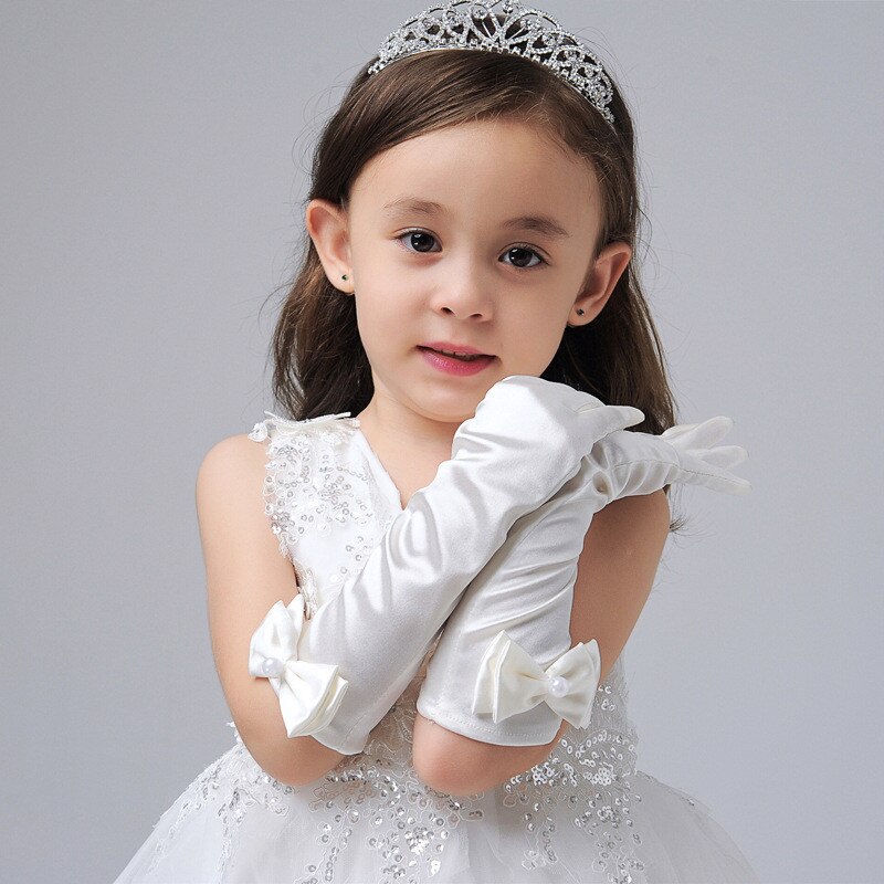 Lange Handschoenen Zonnebrandcrème Satijn Kids Meisjes Handschoenen Voor Party Wedding Dansvoorstelling Meisje Boog Handschoenen Baby Kinderen Jurk Accessoire