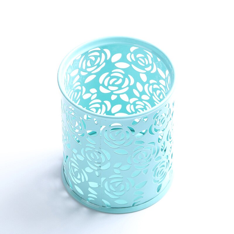 1PC Storage Organizer Hollow Rose Flower Pen Case Pencil Stand Container Stationary Study Round Pen Holders: Blue