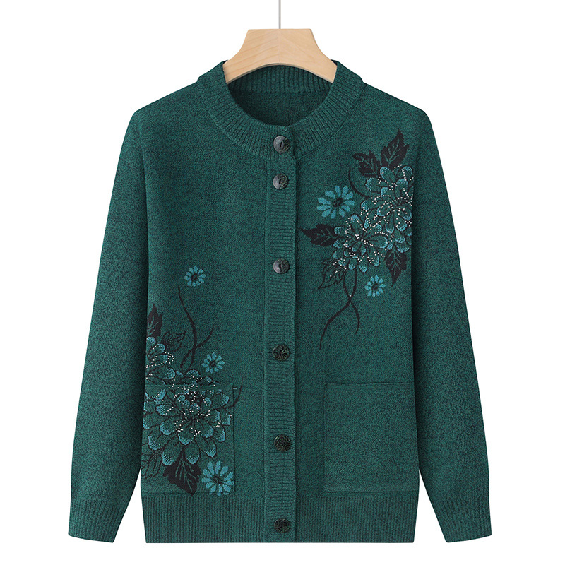 Korean Women's Clothes Knit Woolen Printed Cardigan Coat Middle Aged Mother Knitwear Tops Vintage Grandma Sweater Jacket: XL / green