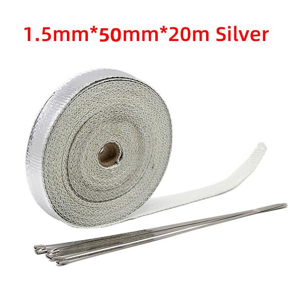 Exhaust Heat Wrap Thermal Tape Fiberglass Heat Wrap Manifold Insulation Roll Resistant with Stainless Ties 5cm*5M/10M/15M/20M: 5x20 Silver