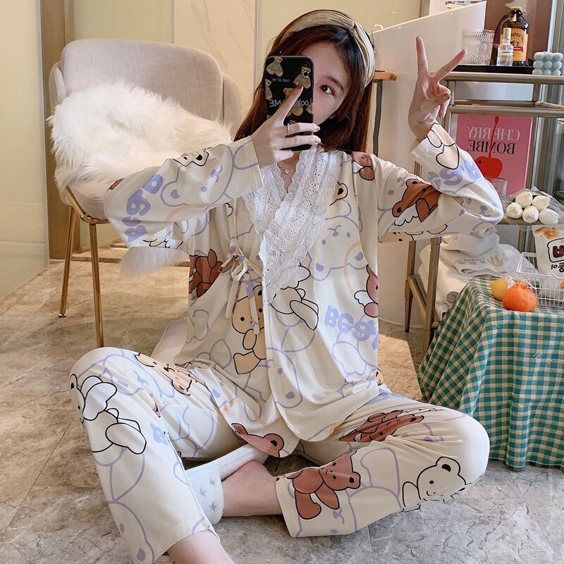 Japón Kimono maternidad set de lactancia materna de Primavera de camisón mujer embarazada 2 Pieecs lactancia pijamas ropa: Bear / 3 XL