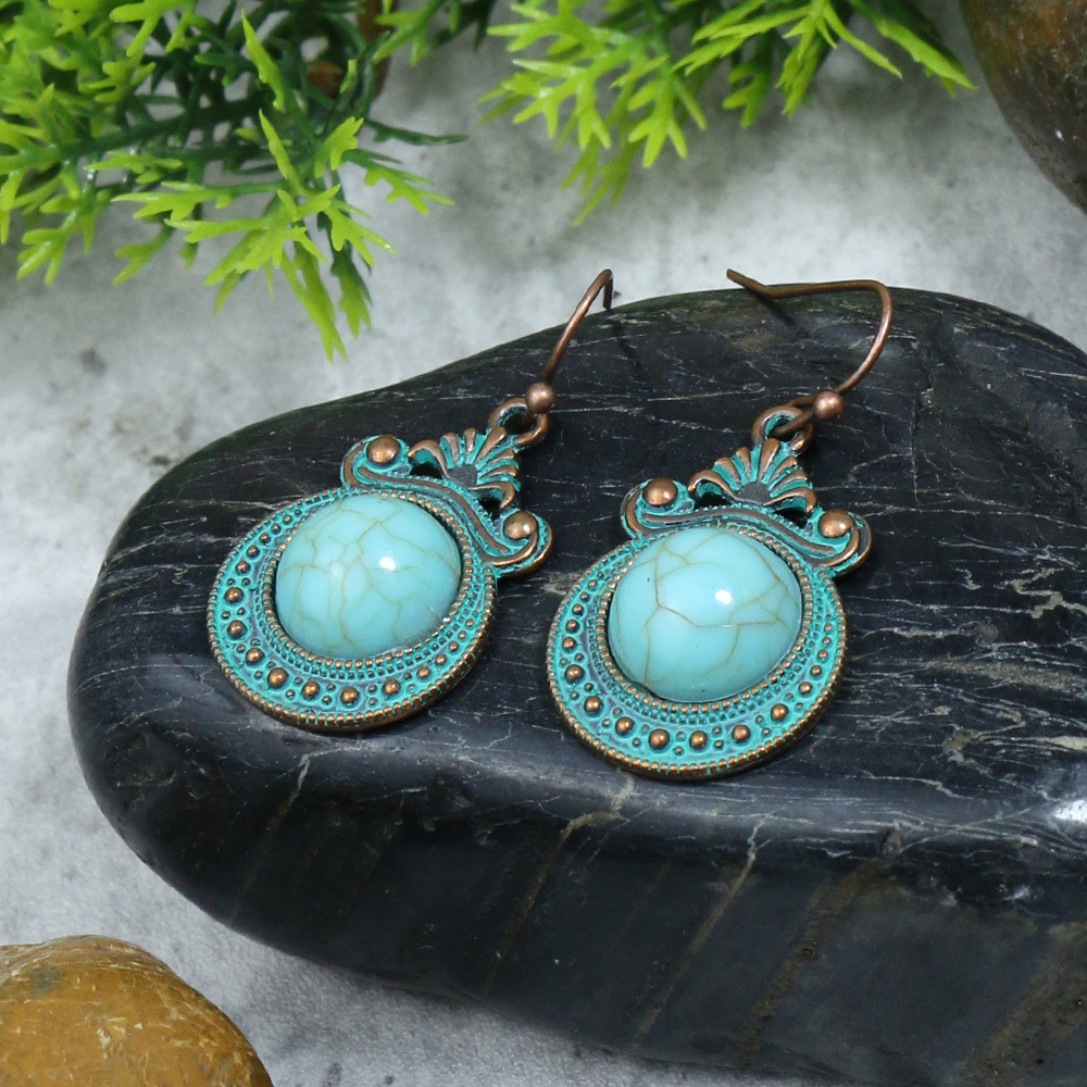 Pendientes bohemios étnicos Vintage de Color bronce para mujer, aretes colgantes geométricos de flor tallada en piedra azul clásica, joyería Jhumka: VERMEIL