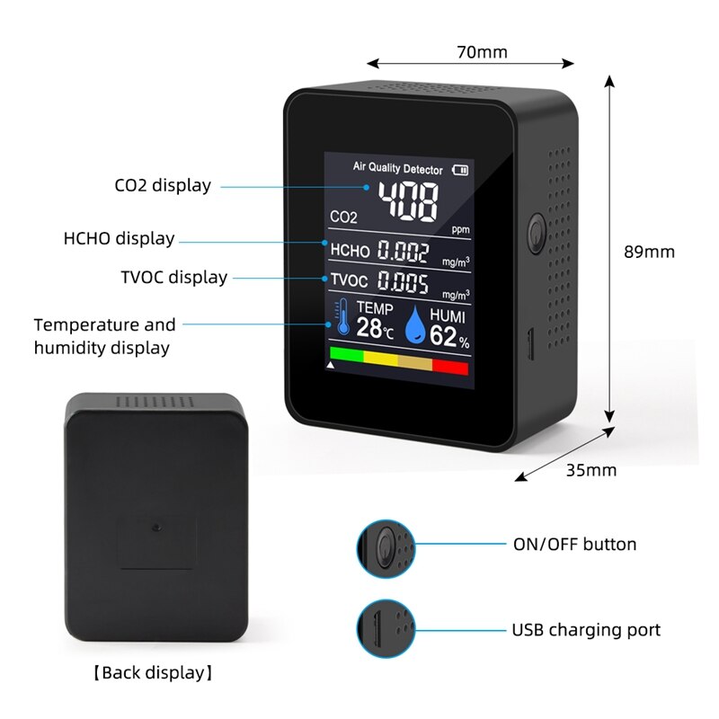 5 In 1 CO2 Meter Digital Temperature Humidity Sensor Tester Air Monitor Carbon Dioxide TVOC HCHO Detector