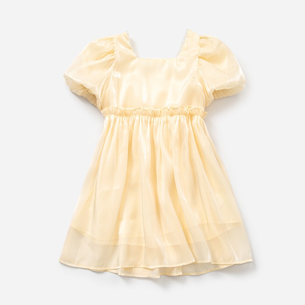 Prinses Jurk Voor Meisje Solid Mode Verjaardagsfeestje Jurken Zomer Pull Mouw Boog Kinderkleding Voor School Kids Leuke Jurk: Beige / 110cm