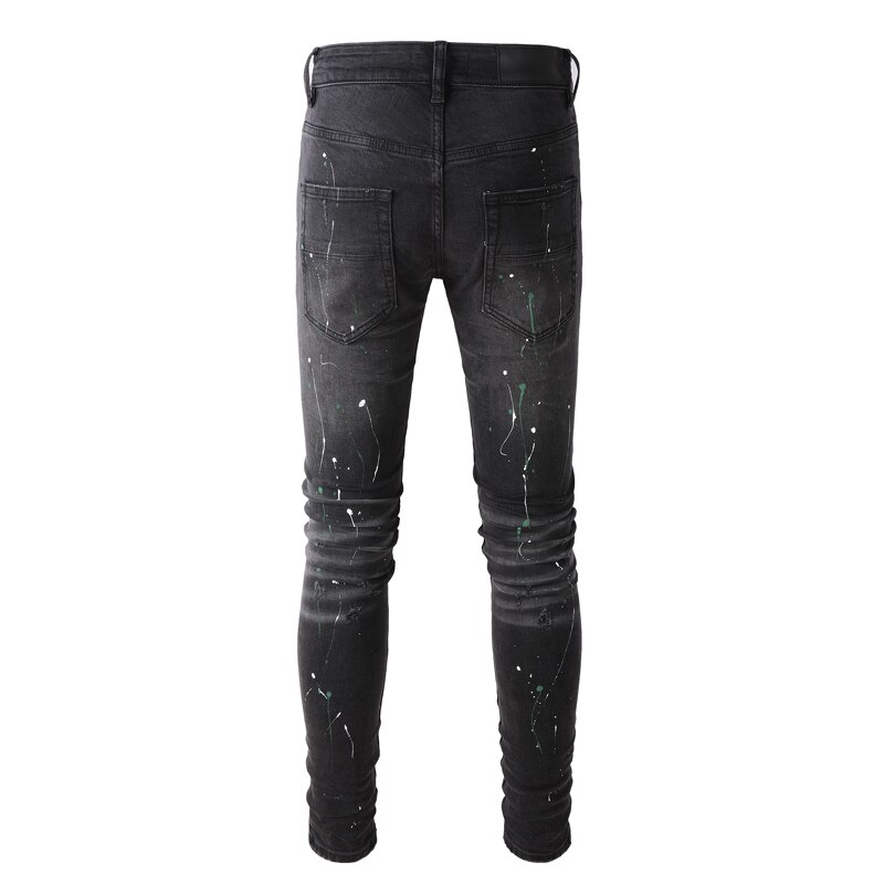 hoch Straße Männer Jeans Schwarz Elastische Dünne Zerstört Zerrissenen Jeans Männer Stern Patch Hüfte hüpfen Denim Punk hosen