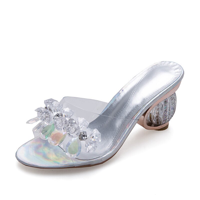 Zapatillas con cristales de verano para mujer, sandalias transparentes plateadas, elegantes, con tacón alto y diamantes de imitación,: 5