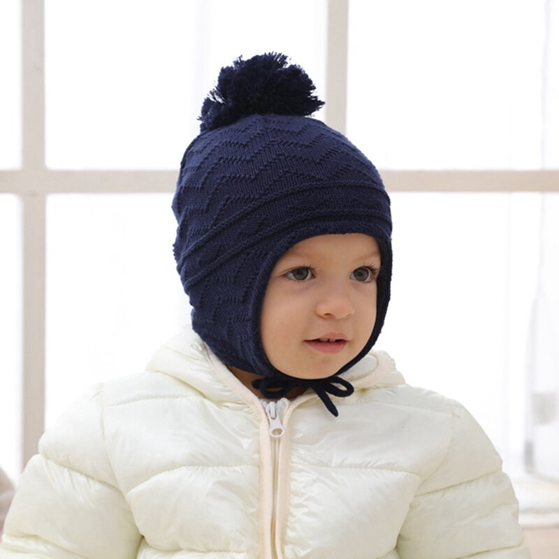 Winter Warm Kids Wol Hoed Gehoorbescherming Gebreide Muts Zachte Wollen Cap Effen Kleur Mode Baby Pompom Beanie Hoed Voor 0-5 Jaar
