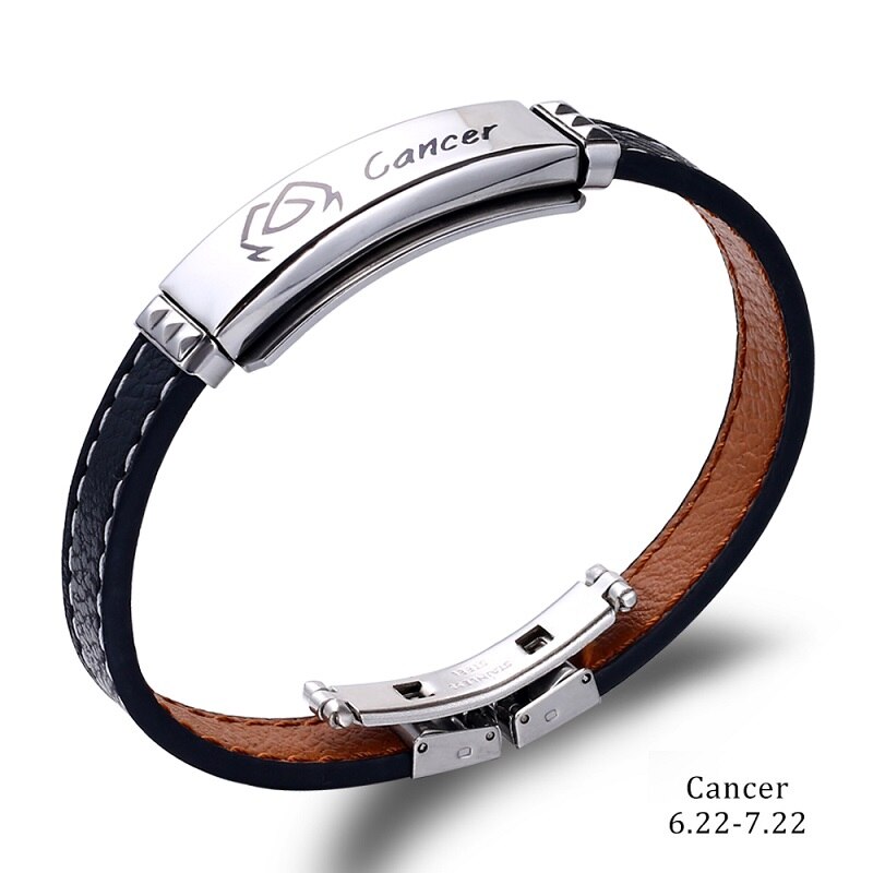 Pulsera de acero inoxidable con 12 Constelaciones para hombre, joyería de , Charm, cuero negro, signos del zodiaco informales, Punk,: cancer