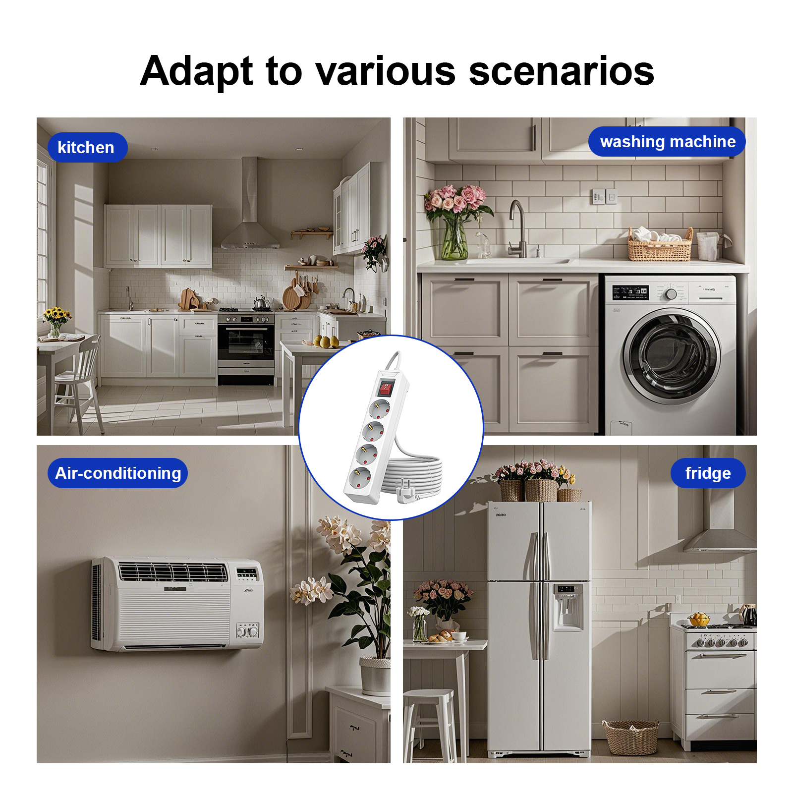 4-uitgang EU overspanningsbeveiliging stekkerdoos 1,5 m verlengsnoer AC-stopcontactadapter 4-stopcontactadapter met bescherming tegen overbelasting
