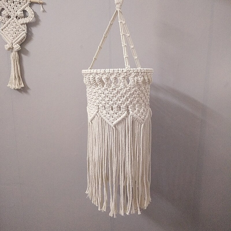 Handmade Macrame Fringed Chandelier Macrame Style Ceiling Hanging Decor Boho Chic Pendant Light Shade Kit Lighting Decoration