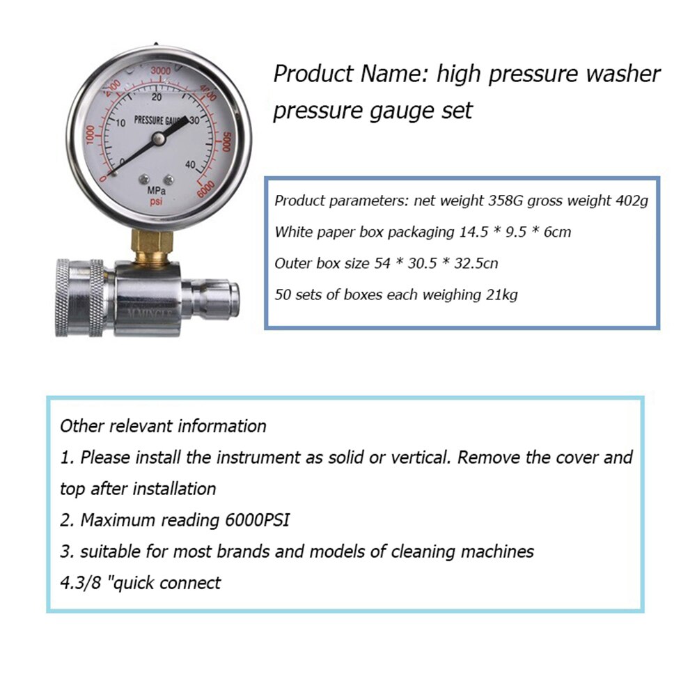 6000PSI/40MPa 3/8 inch Quick Disconnect Fitting Pressure Washer Pressure Gauge Spray Bottle Car Cleaning Tools