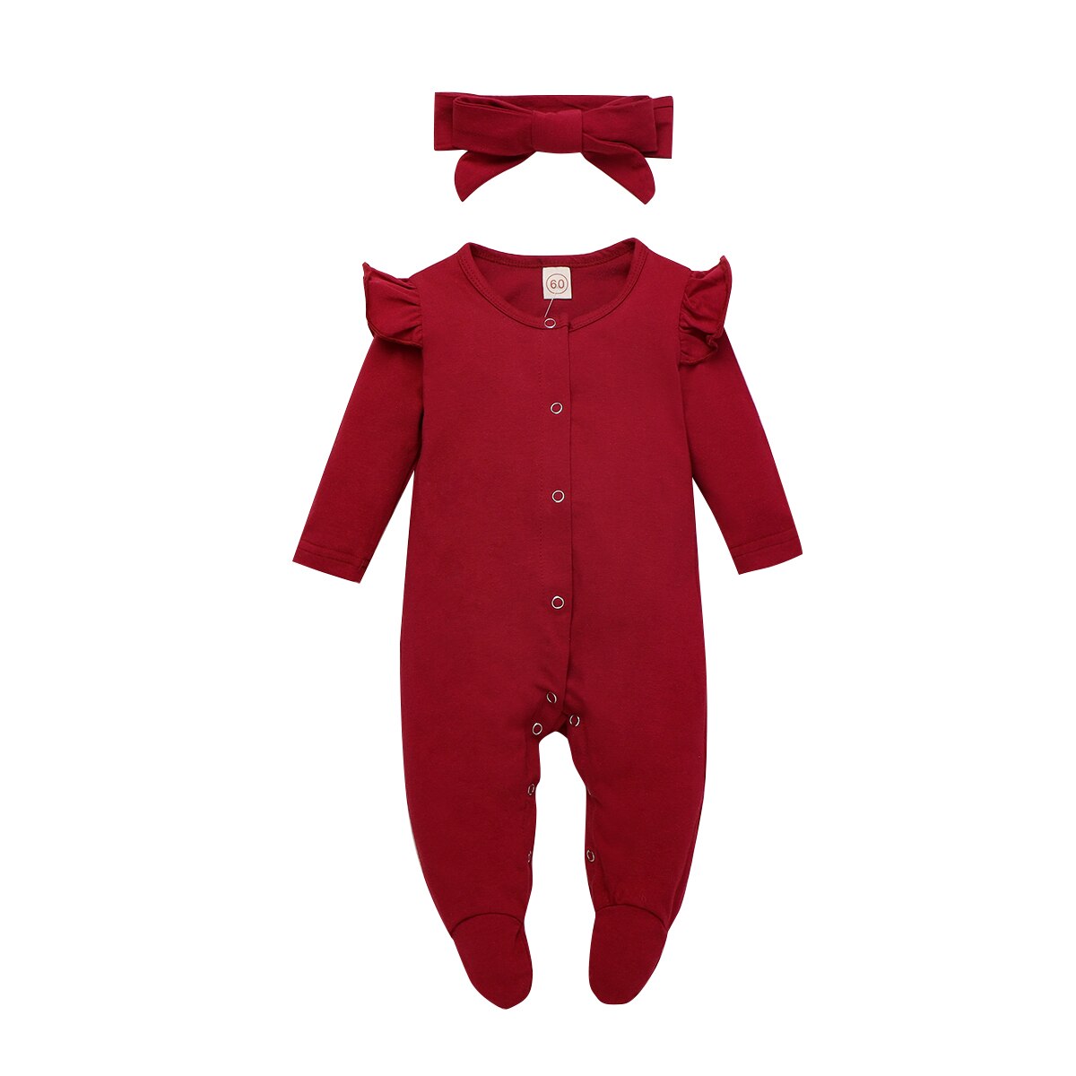 Mono liso de manga larga para bebé y niña, mono con cuello redondo y apertura por botón frontal de una pieza, Color vino, rojo, rosa y púrpura: Rojo / 6 meses