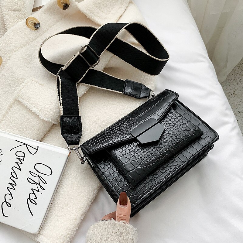 Stone Pattern Handbag Ladies Small Simple Style Shoulder Bag Vintage Wide Shoulder Strap Messenger Bags Wallet: Black