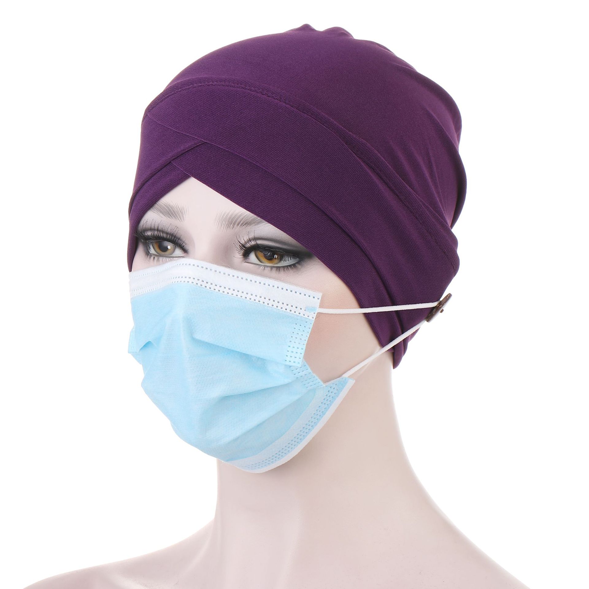 KepaHoo-turbante con botón para mujer, sombrero para envolver la cabeza, pañuelo para la cabeza, gorro interior, Hijab musulmán, gorros de quimio, Turbantes: Dark purple