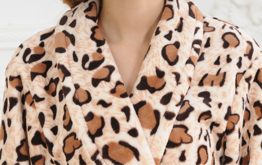 Unisex Men Flannel Warm Thickening Leopard Print Long Robe Soft Bathrobe Towelling Bath Robe Dressing Gown Nightwear