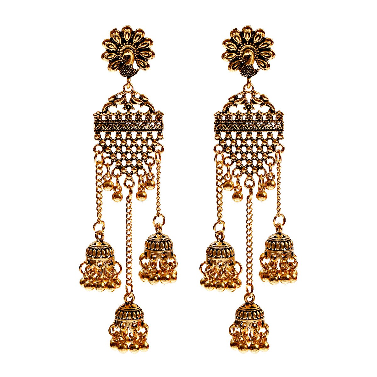 Vintage Indian Bollywood Kundan Peacock Carved Jhumka Jhumki Water Earrings Women Boho Ethnic Long Tassel Earring Jewelry: HXE250-1