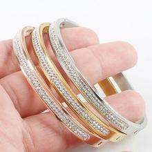 Joyería de 3 colores oro rosa plata dos filas de diamantes de imitación de cristal pavimentan pulseras de acero inoxidable brazaletes para mujeres de niña