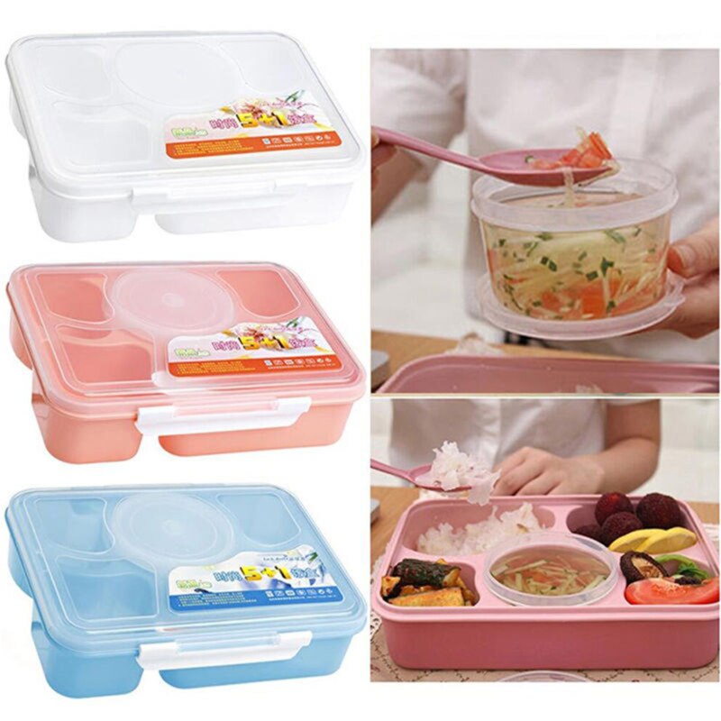 The Portable Five-Point Grid Lunch Box Microwave Lunch Box Fruit Food Storage Box Outdoor Picnic Lunch Box