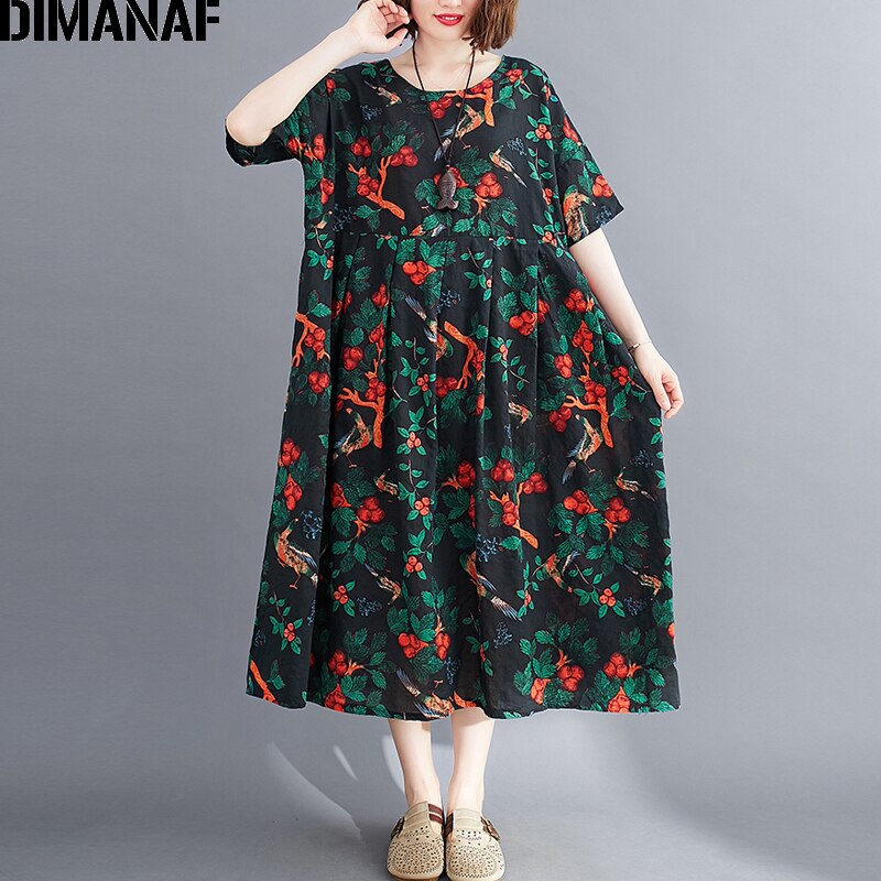 Dimanaf vestido plus size roupas femininas verão vestido de verão vintage impressão floral elegante senhora vestido solto plissado casual algodão 5xl