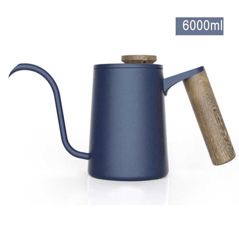 600ml Stainless Steel Gooseneck Drip Coffee Kettle Wood Handle Barista Coffee Pot Long Spout Kettle Stovetop Pour Over Teapot: Blue 600ml