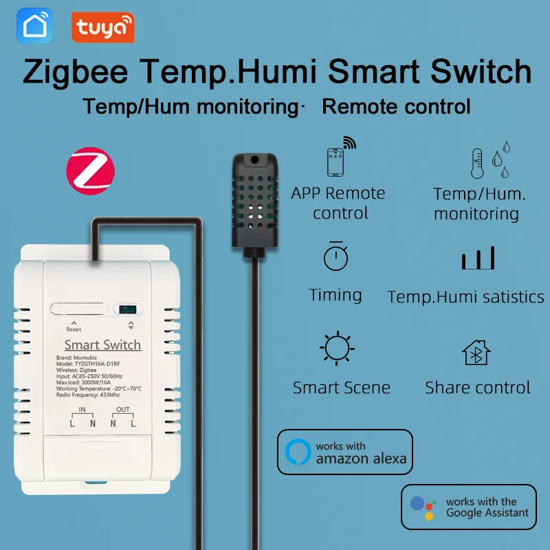 Przełącznik Mumubiz Tuya Zigbee z czujnikiem temperatury i wilgotności, inteligentny termostat 16A 3000W TH16 monitorowanie danych kompatybilny z Alexa