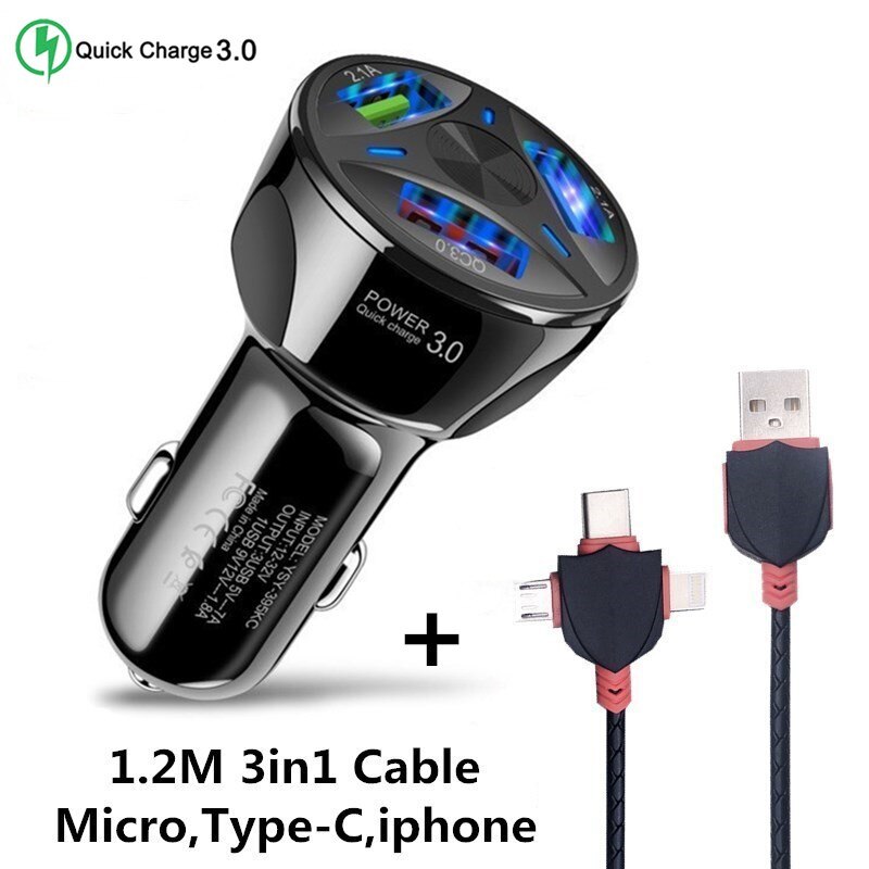 Goede 3.1A Auto Micro USB Charger Quick Charge 3.0 Mobiele Telefoon Oplader 2 3 Port USB Snelle Auto-oplader voor iphone ios Android Telefoon: Black 3USB and Cable