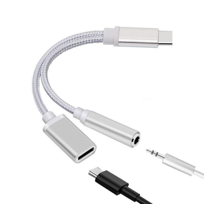 3.5 Mm Hoofdtelefoon Audio Jack Adapter 2-In-1 Usb Type-C Om 3.5 Mm Koptelefoon Adapters converter 1 Pc 3-In-1 USB-C Weven Adapter Kabel