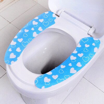 2pcs/set Washroom Warm Washable Health Sticky Toilet Mat Seat Cover Pad Household Reuseable Soft Toilet Seat Cover: blue heart