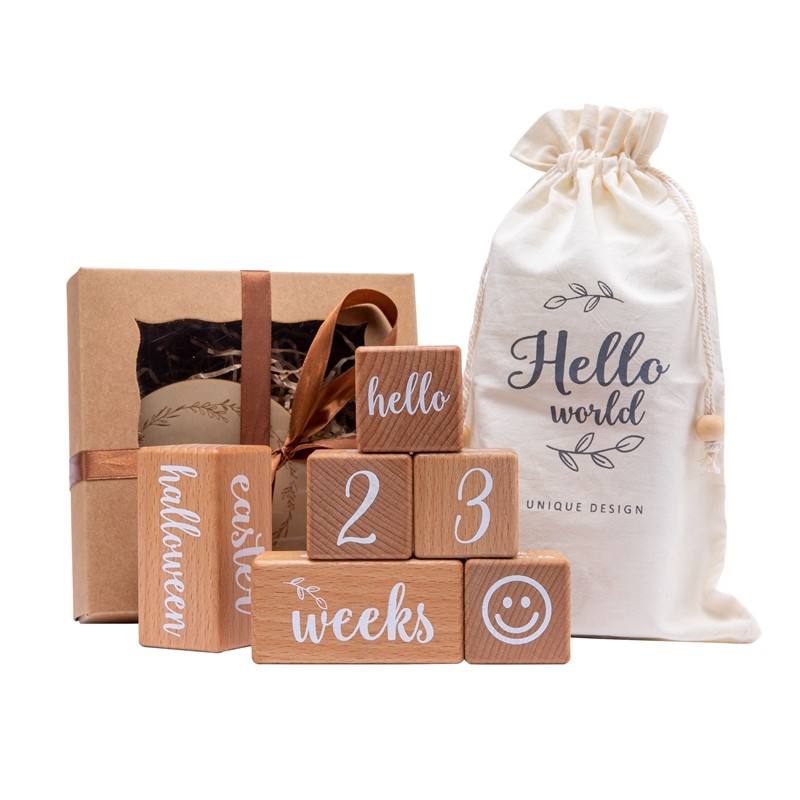 6Pcs/1Set Baby Maand Milestone Kaart Beuken Blok Plein Gegraveerd Pasgeboren Geboorte Maand Verjaardag Mijlpalen Blok Fotografie props