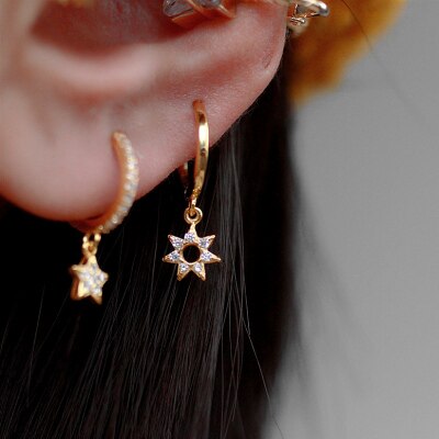 925 Sterling Silver Earring Cute Zircon Hollow Geometric Star Short Earring Sweet Pretty Wild Female Girl Ear Jewelry