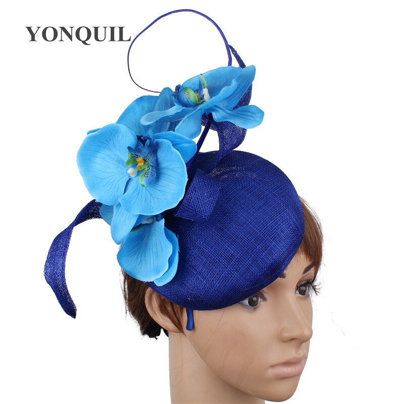 4-Layer sinamay wedding party headpiece with flowers bride wedding headwear women occasion banquet lady fascinators hat: Blue
