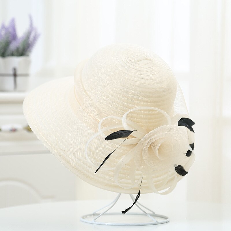 Verano de mujer de sombrero grande de cinta con flores de Floppy sombrero de sol de playa Kentucky Derby boda sombreros para Misa: Beige