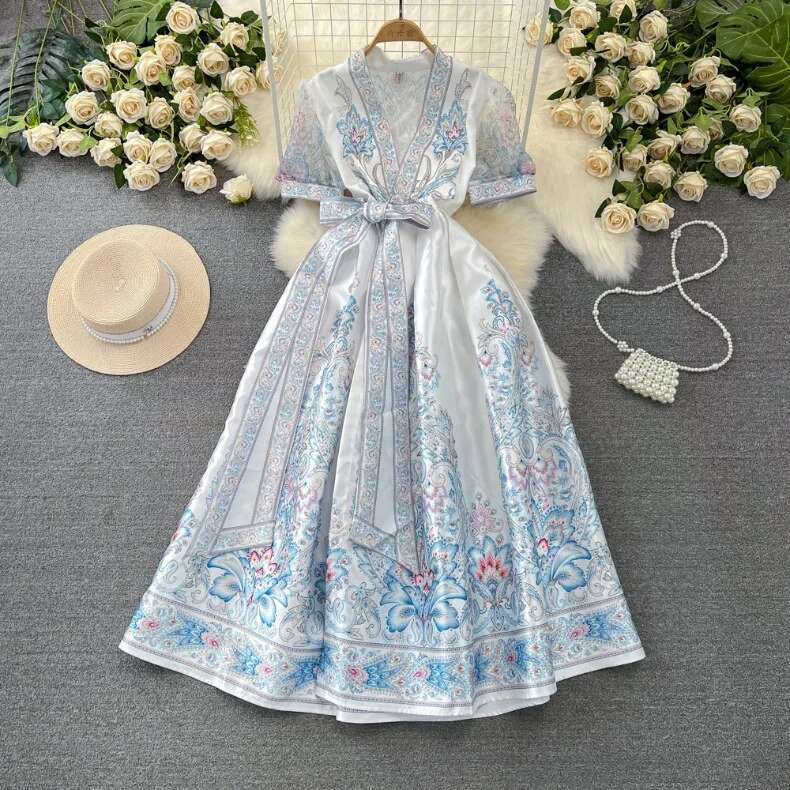 Jamerary Blumen druck Urlaubs kleid Frauen Palast Stil hoch-Ende elegante Promi Midi- Langarm Vestidos: L / Beige
