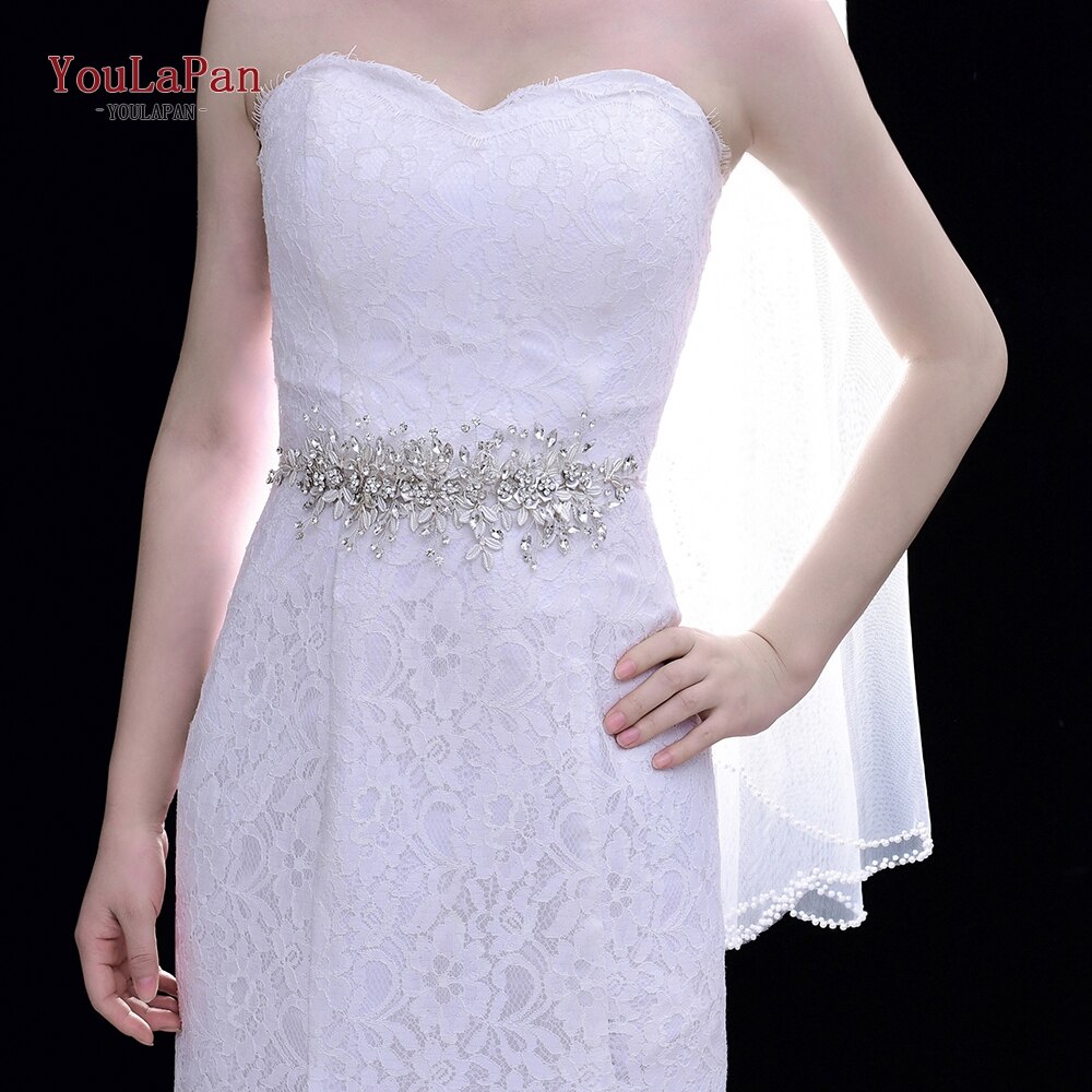 YouLaPan SH349 Wedding Sash Bridal Belts White Ribbon Bridal Sash Rhinestone Bridal Belt Handmade Silver Crystal Wedding Sashes