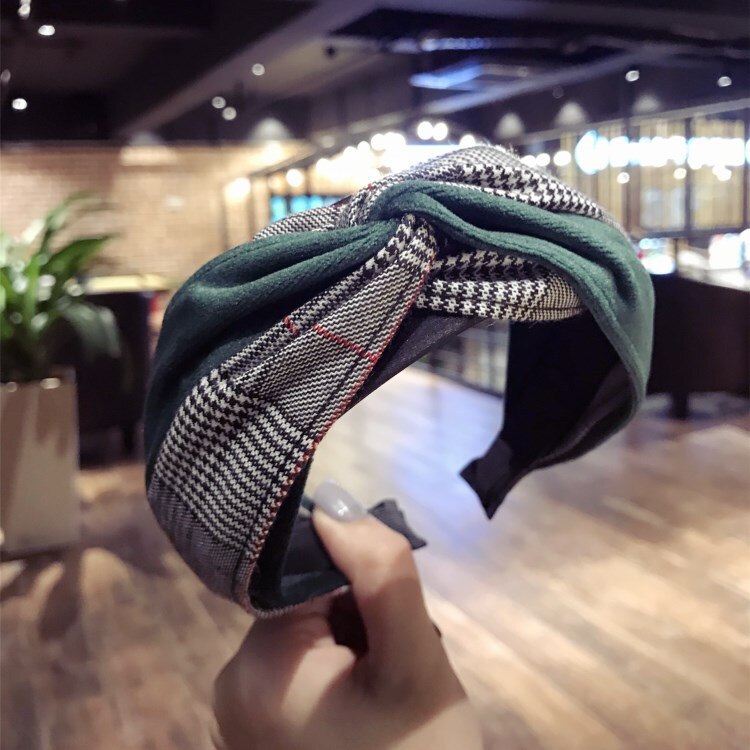 Korean-style Simple Style Hair Accessories Fabric Plaid Stitching Gogo Cross Large Rims Hair Bands Headband Hair Fix: Blackish Green