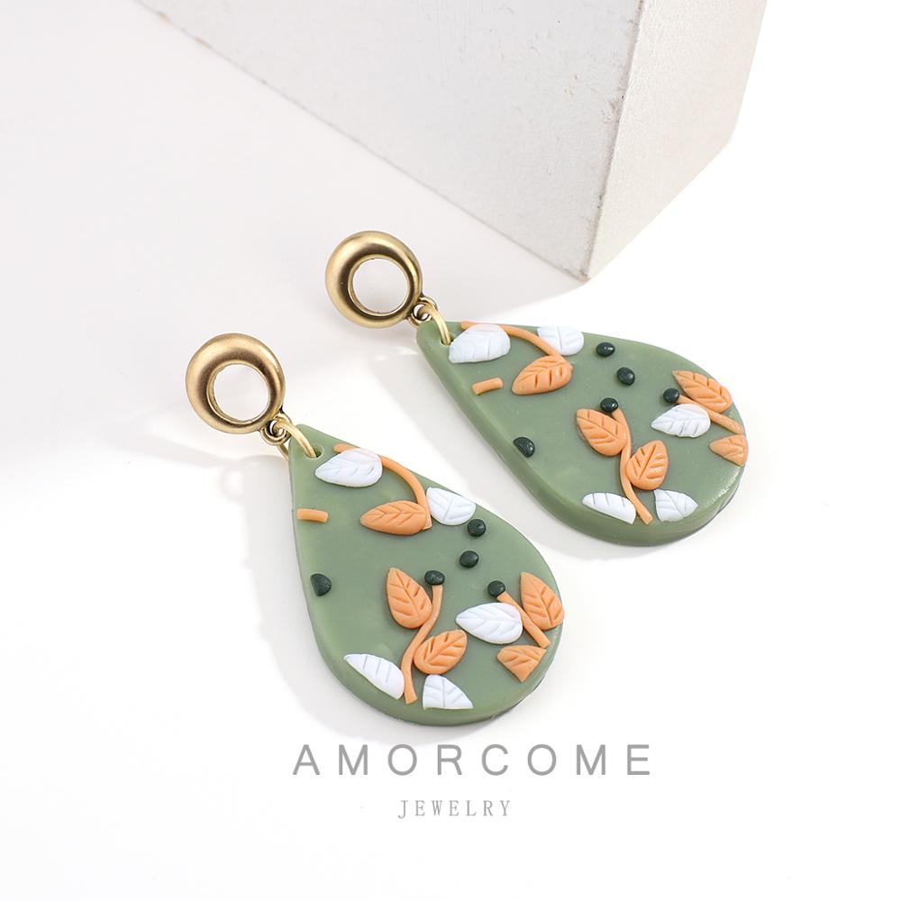 AMORCOME Unique Soft Polymer Clay Floral Dangle Earrings for Women Geometric Green Waterdrop Earrings Female Brincos