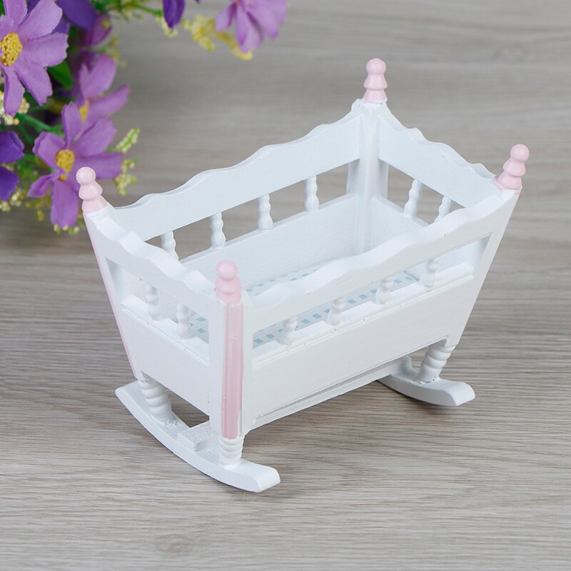 Meubels Witte Houten Cardle Baby Bed Kinderen Speelgoed Houten Kwekerij Wieg Baby Wieg 1:12 DollHouse Miniatuur Poppen