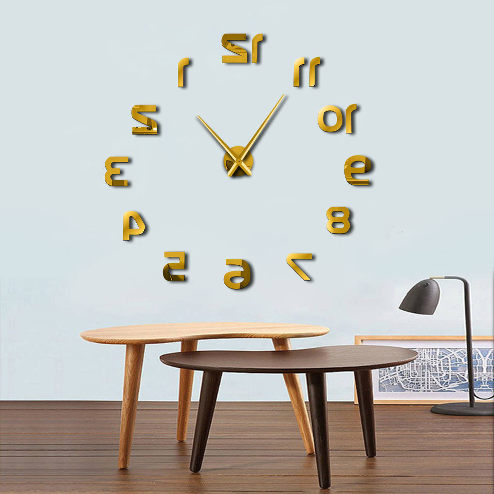 Achterwaarts 3D DIY Grote Wandklok Moderne Reverse Nummers Frameloze Tijd Horloge Luxe Spiegel Effect Grote Naald Omgekeerde Klok