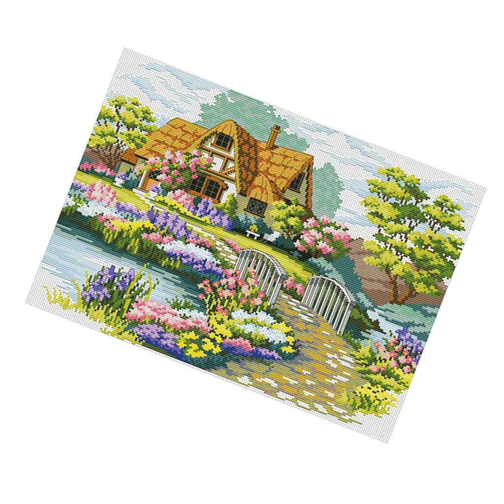 kryss søm stemplet sett hage hytte mønster broderi needlepoint håndverk
