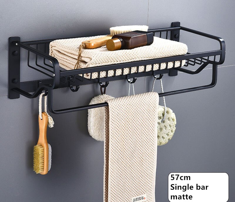 Towel Rack Aluminum Wall Mounted Nail Punched Towel Holder Black Matte Towel Hanger Bathroom Accessories Bath Hardware 57cm